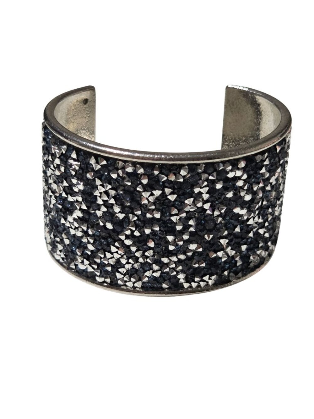 Black Rhinestone Wide Cuff Bracelet Gunmetal Tone Statement Glam Rock Goth Women
